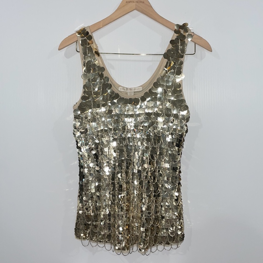 Boston Proper Gold Sequin and Beaded Tank- Like New